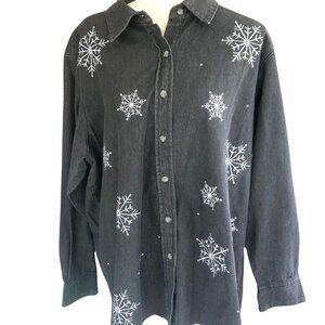 Quacker Factory 1X Black Denim Shirt, Embroidered Snowflakes, Rhinestone Accents